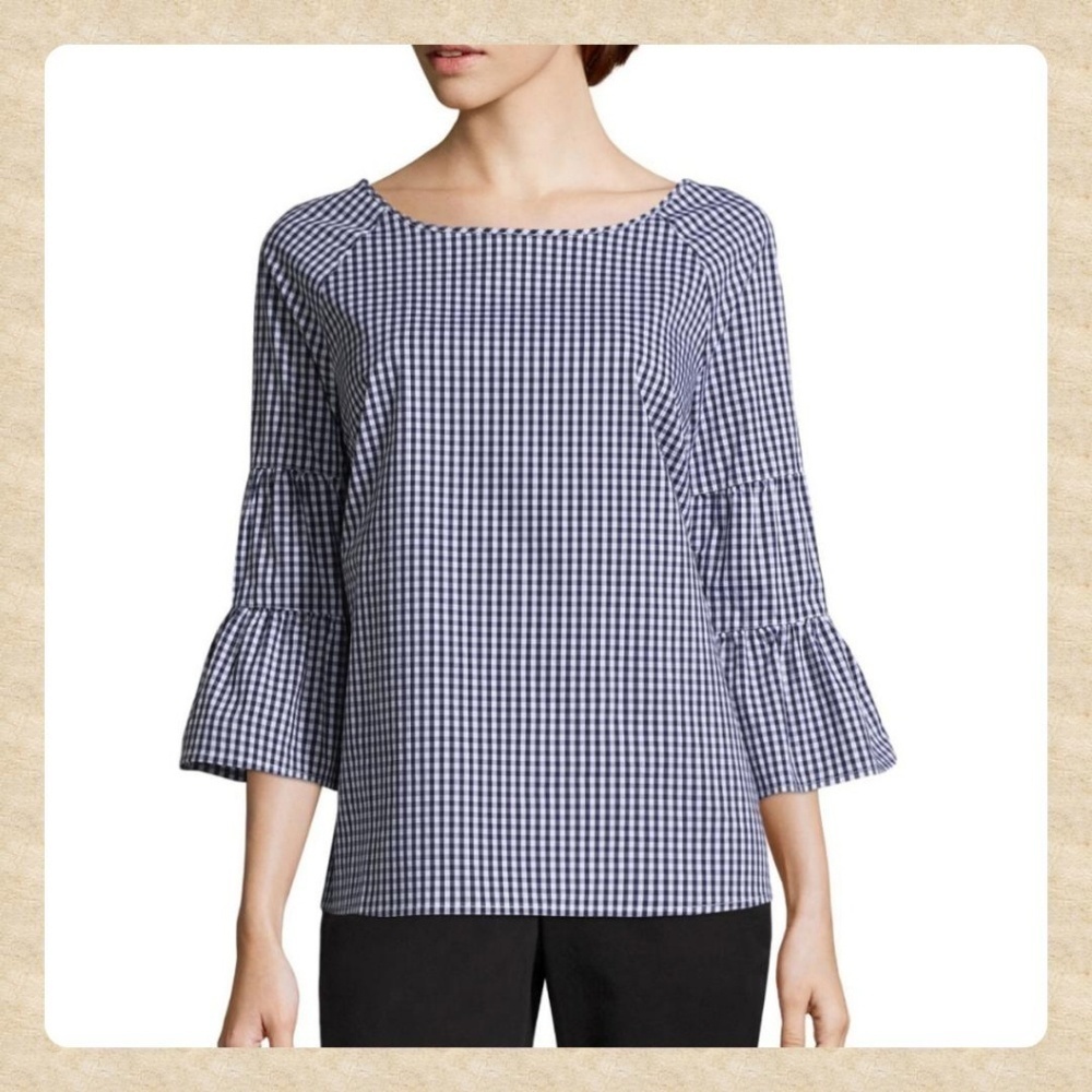 APT9 Gingham Bell Sleeve, Boat Neck Blouse
